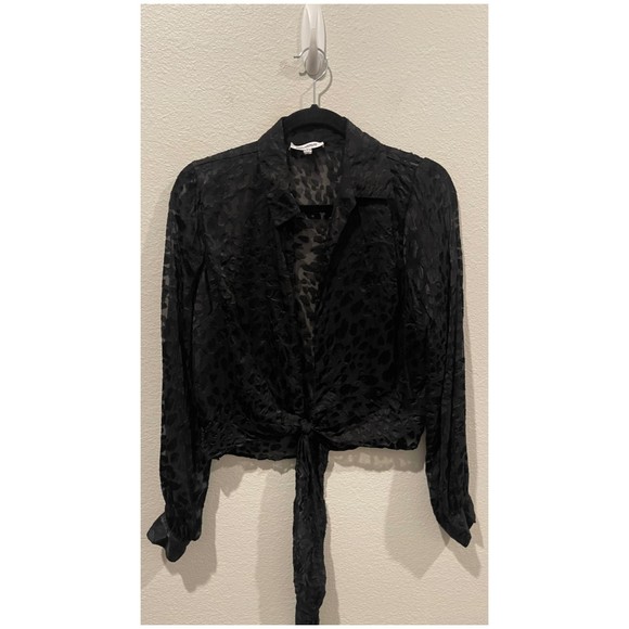 GOOD AMERICAN Leopard Print Front Tie Black Long Sleeve Blouse - Picture 1 of 5
